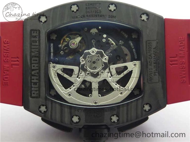 RM011 Carbon Case Carbon Bezel Chronograph KVF 1:1 Best Edition Skeleton Dial(Red Inner Bezel) on Red Rubber Strap A7750 V SmartChoice 9422