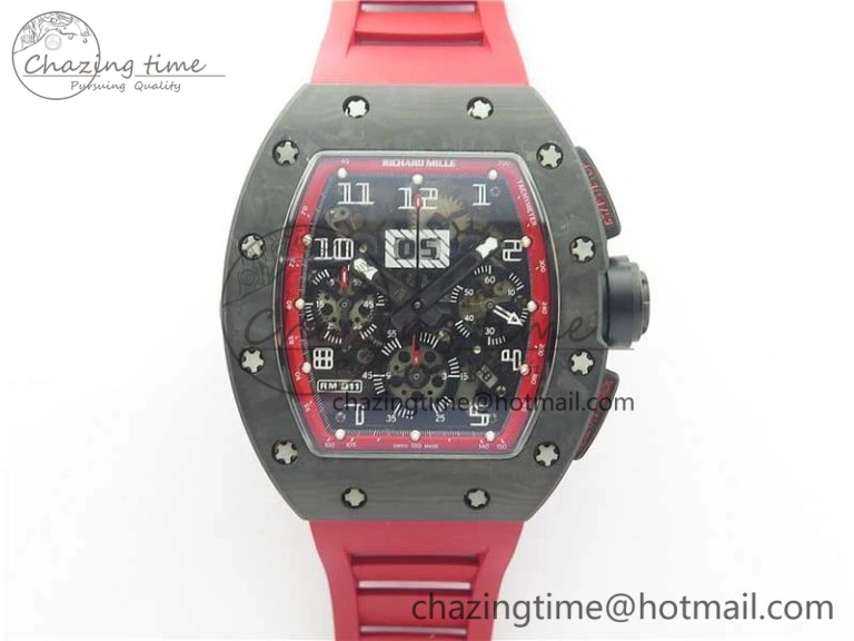 RM011 Carbon Case Carbon Bezel Chronograph KVF 1:1 Best Edition Skeleton Dial(Red Inner Bezel) on Red Rubber Strap A7750 V SmartChoice 9422
