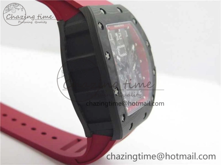 RM011 Carbon Case Carbon Bezel Chronograph KVF 1:1 Best Edition Skeleton Dial(Red Inner Bezel) on Red Rubber Strap A7750 V SmartChoice 9422