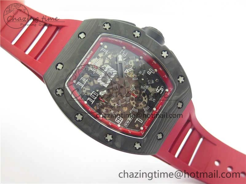 RM011 Carbon Case Carbon Bezel Chronograph KVF 1:1 Best Edition Skeleton Dial(Red Inner Bezel) on Red Rubber Strap A7750 V SmartChoice 9422