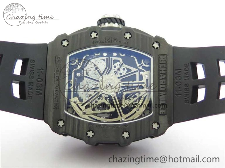 Affordable RM011 Carbon Case Chrono KVF 1:1 Best Edition Crystal Skeleton Yellow Dial on Black Racing Rubber Strap A7750 V 9441