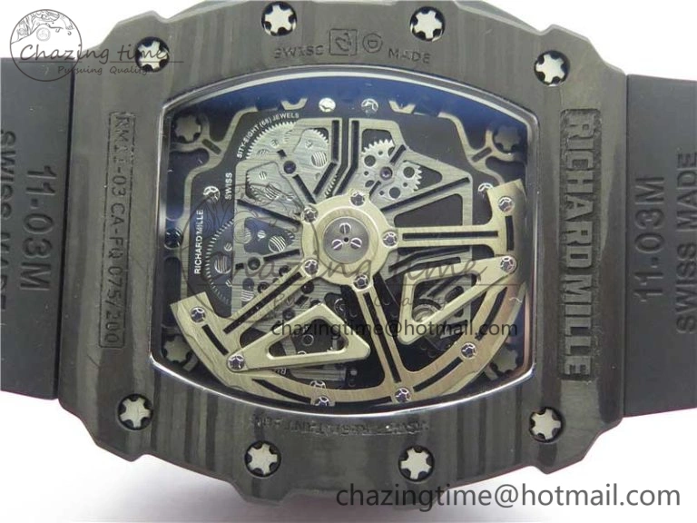 Affordable RM011 Carbon Case Chrono KVF 1:1 Best Edition Crystal Skeleton Yellow Dial on Black Racing Rubber Strap A7750 V 9441