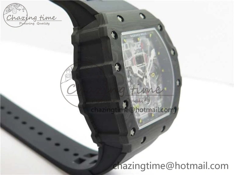 Affordable RM011 Carbon Case Chrono KVF 1:1 Best Edition Crystal Skeleton Yellow Dial on Black Racing Rubber Strap A7750 V 9441