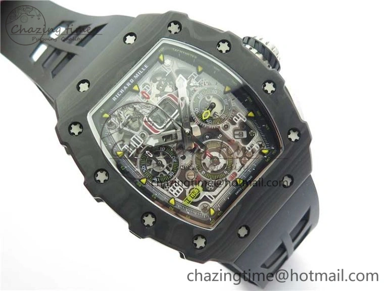 Affordable RM011 Carbon Case Chrono KVF 1:1 Best Edition Crystal Skeleton Yellow Dial on Black Racing Rubber Strap A7750 V 9441
