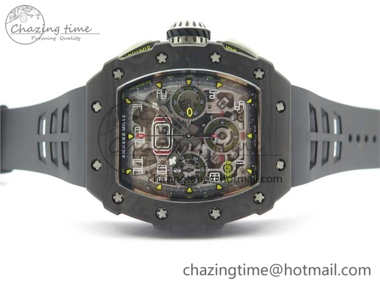 Affordable RM011 Carbon Case Chrono KVF 1:1 Best Edition Crystal Skeleton Yellow Dial on Black Racing Rubber Strap A7750 V 9441