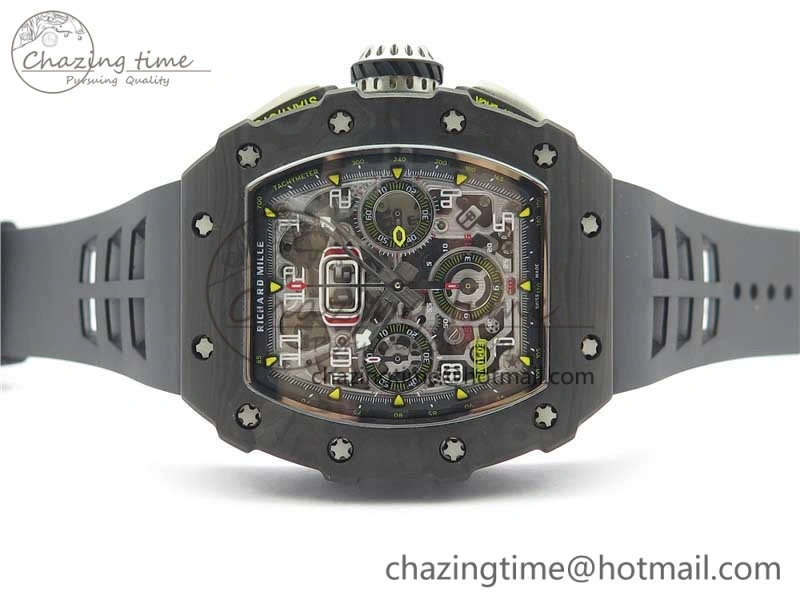 Affordable RM011 Carbon Case Chrono KVF 1:1 Best Edition Crystal Skeleton Yellow Dial on Black Racing Rubber Strap A7750 V 9441