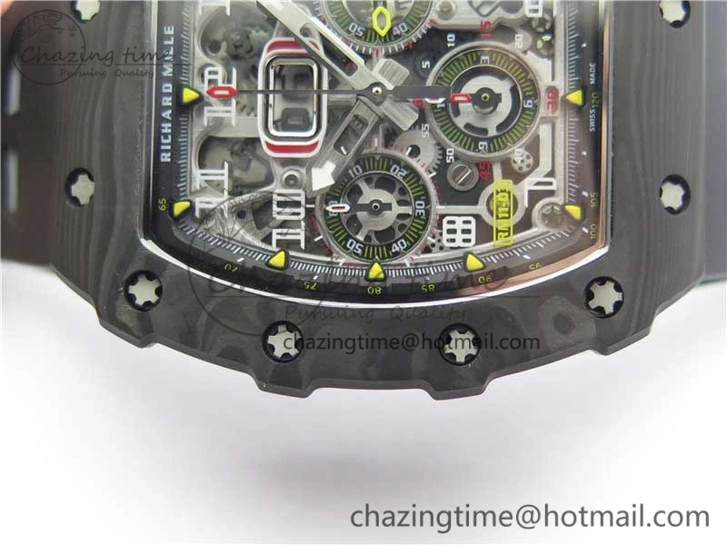 Affordable RM011 Carbon Case Chrono KVF 1:1 Best Edition Crystal Skeleton Yellow Dial on Black Racing Rubber Strap A7750 V 9441