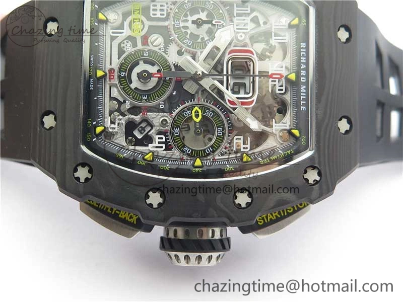 Affordable RM011 Carbon Case Chrono KVF 1:1 Best Edition Crystal Skeleton Yellow Dial on Black Racing Rubber Strap A7750 V 9441