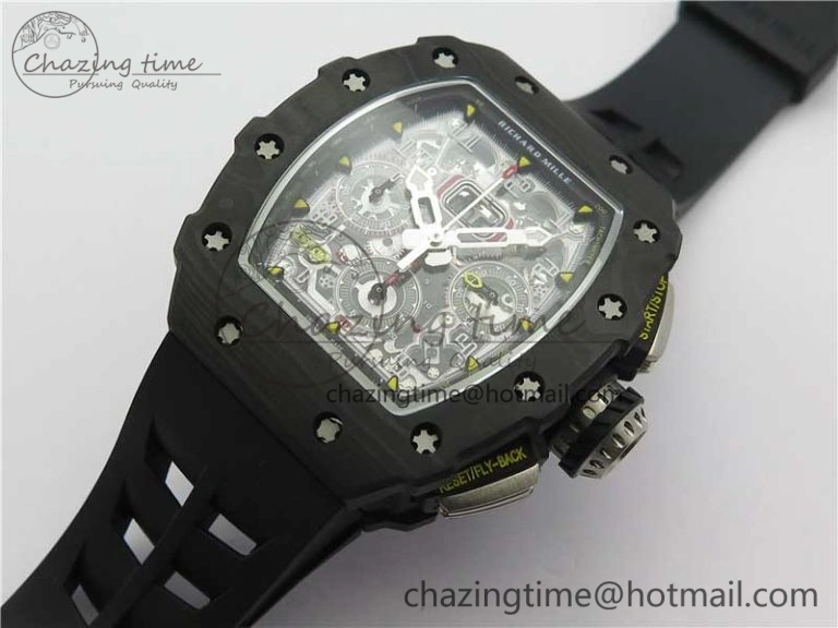 Affordable RM011 Carbon Case Chrono KVF 1:1 Best Edition Crystal Skeleton Yellow Dial on Black Racing Rubber Strap A7750 V 9441