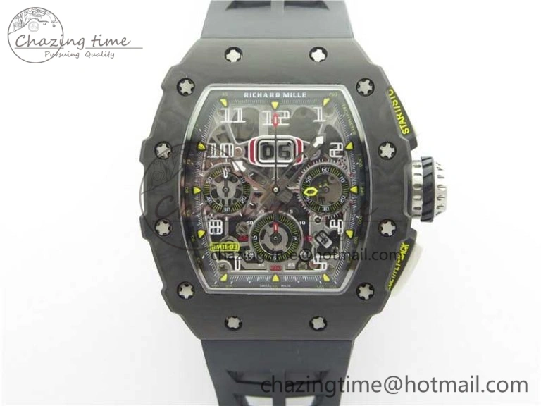 Affordable RM011 Carbon Case Chrono KVF 1:1 Best Edition Crystal Skeleton Yellow Dial on Black Racing Rubber Strap A7750 V 9441