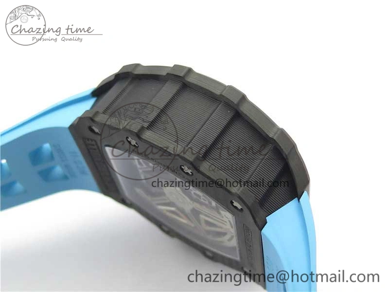 Attractive RM011 Carbon Case Chrono KVF 1:1 Best Edition Crystal Skeleton Yellow Dial on Blue Racing Rubber Strap A7750 V 9438