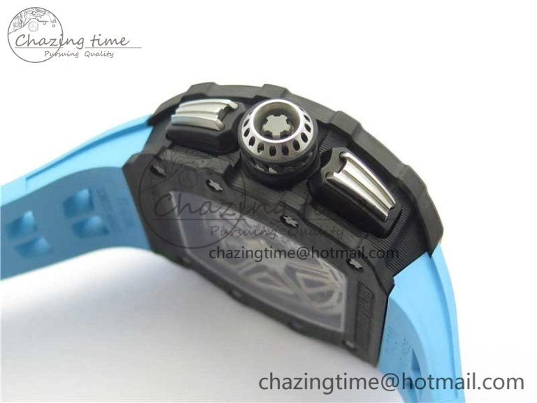 Attractive RM011 Carbon Case Chrono KVF 1:1 Best Edition Crystal Skeleton Yellow Dial on Blue Racing Rubber Strap A7750 V 9438