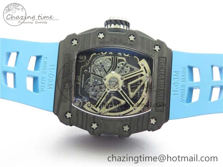 Attractive RM011 Carbon Case Chrono KVF 1:1 Best Edition Crystal Skeleton Yellow Dial on Blue Racing Rubber Strap A7750 V 9438