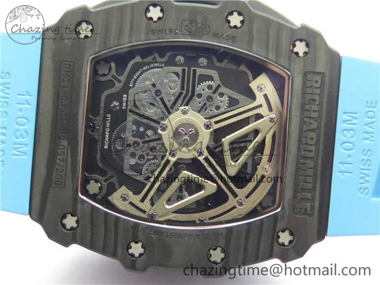Attractive RM011 Carbon Case Chrono KVF 1:1 Best Edition Crystal Skeleton Yellow Dial on Blue Racing Rubber Strap A7750 V 9438