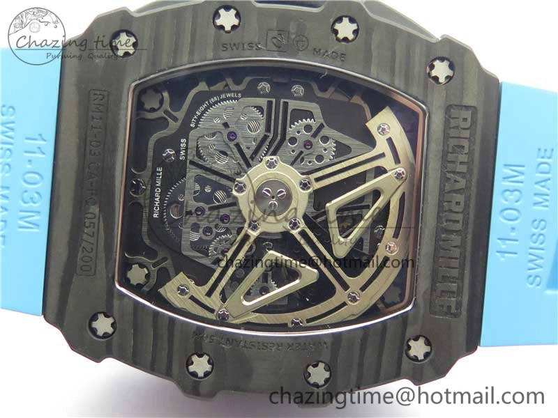 Attractive RM011 Carbon Case Chrono KVF 1:1 Best Edition Crystal Skeleton Yellow Dial on Blue Racing Rubber Strap A7750 V 9438
