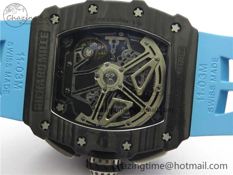 Attractive RM011 Carbon Case Chrono KVF 1:1 Best Edition Crystal Skeleton Yellow Dial on Blue Racing Rubber Strap A7750 V 9438