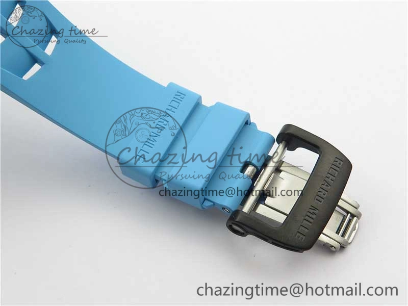 Attractive RM011 Carbon Case Chrono KVF 1:1 Best Edition Crystal Skeleton Yellow Dial on Blue Racing Rubber Strap A7750 V 9438