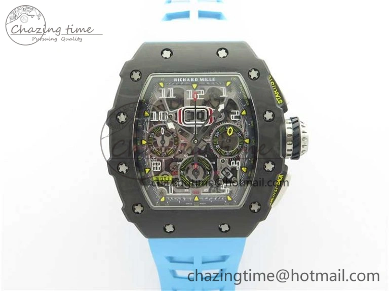Attractive RM011 Carbon Case Chrono KVF 1:1 Best Edition Crystal Skeleton Yellow Dial on Blue Racing Rubber Strap A7750 V 9438
