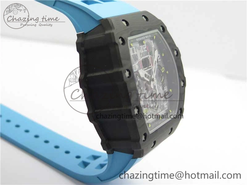 Attractive RM011 Carbon Case Chrono KVF 1:1 Best Edition Crystal Skeleton Yellow Dial on Blue Racing Rubber Strap A7750 V 9438