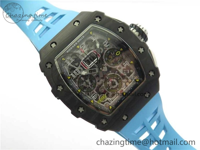 Attractive RM011 Carbon Case Chrono KVF 1:1 Best Edition Crystal Skeleton Yellow Dial on Blue Racing Rubber Strap A7750 V 9438