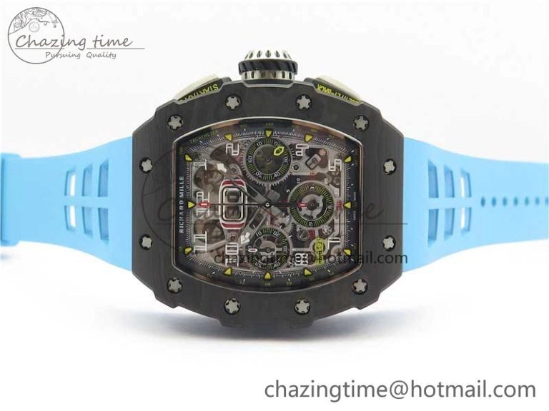 Attractive RM011 Carbon Case Chrono KVF 1:1 Best Edition Crystal Skeleton Yellow Dial on Blue Racing Rubber Strap A7750 V 9438
