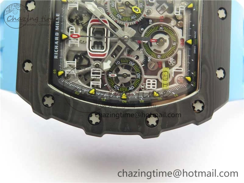 Attractive RM011 Carbon Case Chrono KVF 1:1 Best Edition Crystal Skeleton Yellow Dial on Blue Racing Rubber Strap A7750 V 9438