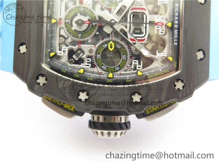 Attractive RM011 Carbon Case Chrono KVF 1:1 Best Edition Crystal Skeleton Yellow Dial on Blue Racing Rubber Strap A7750 V 9438