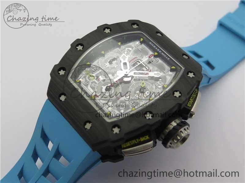 Attractive RM011 Carbon Case Chrono KVF 1:1 Best Edition Crystal Skeleton Yellow Dial on Blue Racing Rubber Strap A7750 V 9438