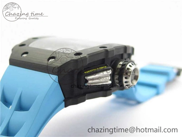 Attractive RM011 Carbon Case Chrono KVF 1:1 Best Edition Crystal Skeleton Yellow Dial on Blue Racing Rubber Strap A7750 V 9438