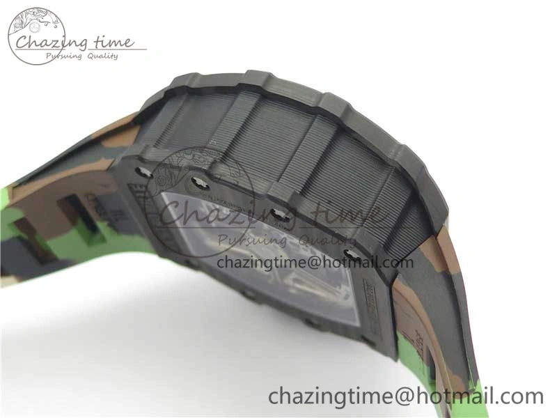 Sophisticated RM011 Carbon Case Chrono KVF 1:1 Best Edition Crystal Skeleton Yellow Dial on Camouflage Rubber Strap A7750 V 9440