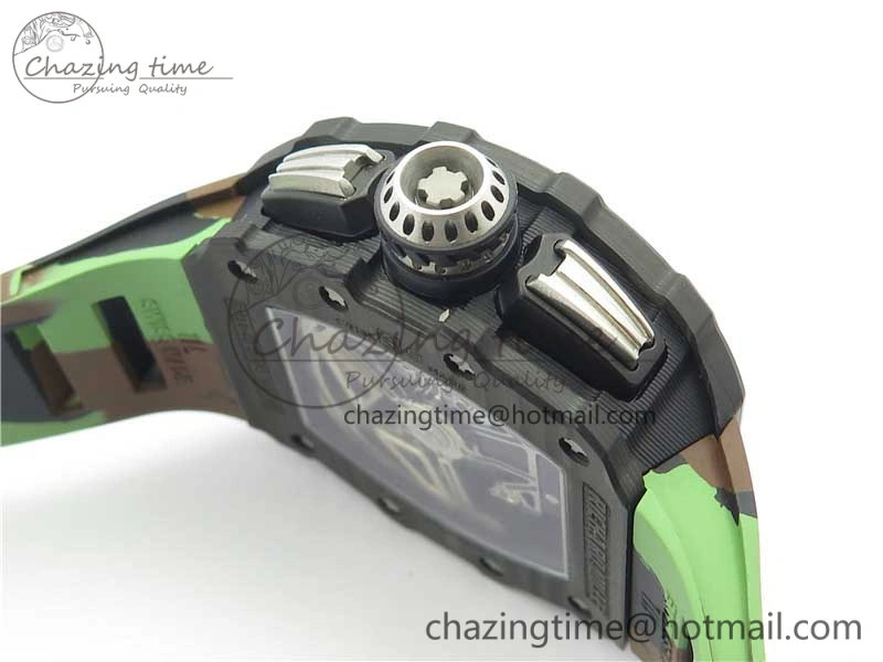 Sophisticated RM011 Carbon Case Chrono KVF 1:1 Best Edition Crystal Skeleton Yellow Dial on Camouflage Rubber Strap A7750 V 9440