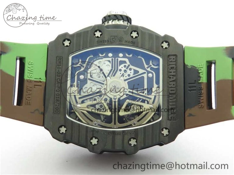 Sophisticated RM011 Carbon Case Chrono KVF 1:1 Best Edition Crystal Skeleton Yellow Dial on Camouflage Rubber Strap A7750 V 9440