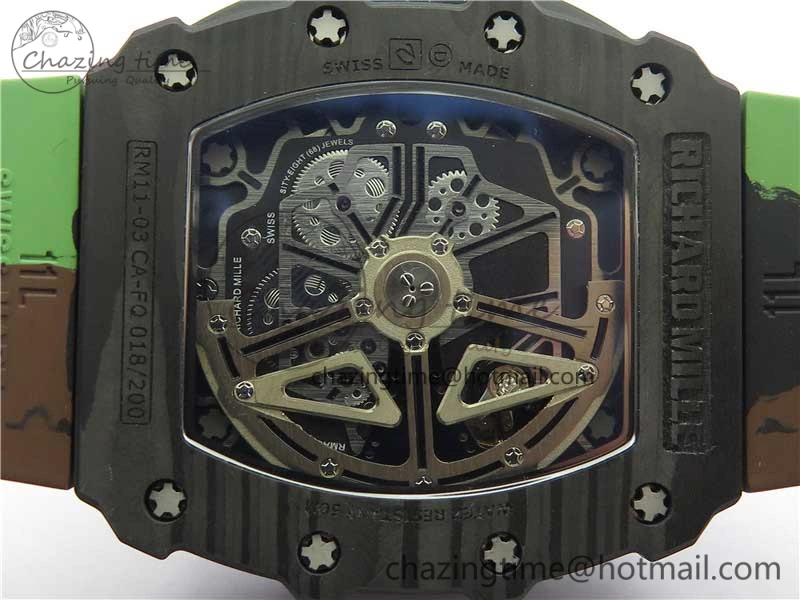 Sophisticated RM011 Carbon Case Chrono KVF 1:1 Best Edition Crystal Skeleton Yellow Dial on Camouflage Rubber Strap A7750 V 9440