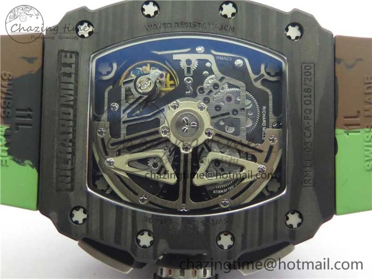 Sophisticated RM011 Carbon Case Chrono KVF 1:1 Best Edition Crystal Skeleton Yellow Dial on Camouflage Rubber Strap A7750 V 9440