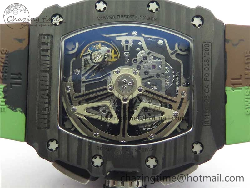 Sophisticated RM011 Carbon Case Chrono KVF 1:1 Best Edition Crystal Skeleton Yellow Dial on Camouflage Rubber Strap A7750 V 9440