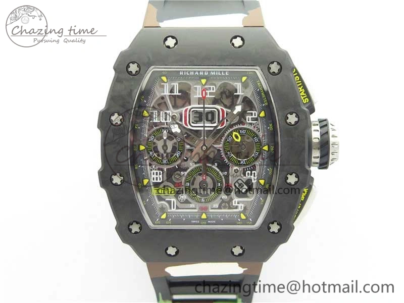 Sophisticated RM011 Carbon Case Chrono KVF 1:1 Best Edition Crystal Skeleton Yellow Dial on Camouflage Rubber Strap A7750 V 9440