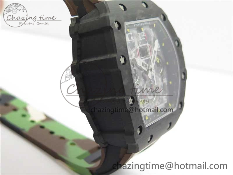 Sophisticated RM011 Carbon Case Chrono KVF 1:1 Best Edition Crystal Skeleton Yellow Dial on Camouflage Rubber Strap A7750 V 9440