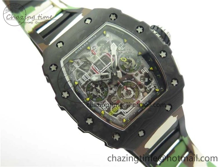Sophisticated RM011 Carbon Case Chrono KVF 1:1 Best Edition Crystal Skeleton Yellow Dial on Camouflage Rubber Strap A7750 V 9440