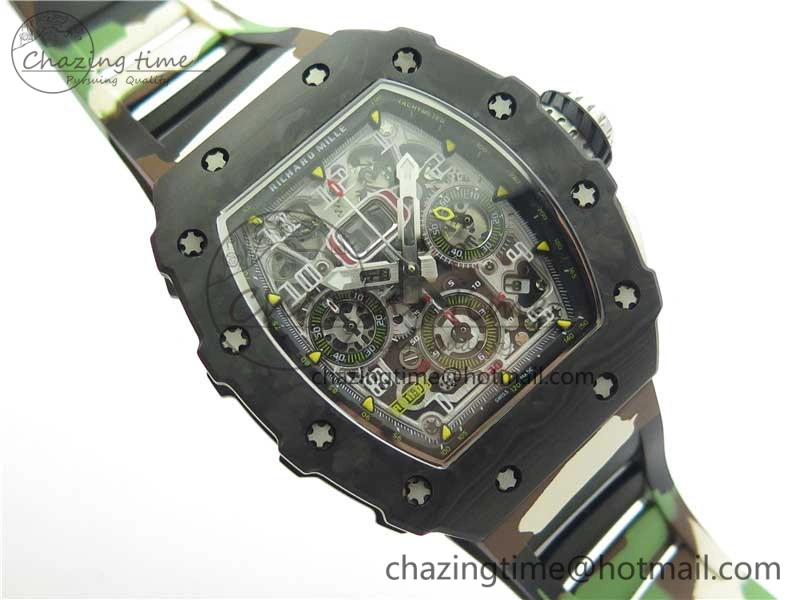 Sophisticated RM011 Carbon Case Chrono KVF 1:1 Best Edition Crystal Skeleton Yellow Dial on Camouflage Rubber Strap A7750 V 9440