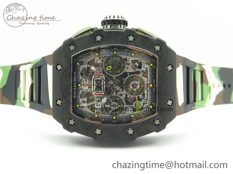 Sophisticated RM011 Carbon Case Chrono KVF 1:1 Best Edition Crystal Skeleton Yellow Dial on Camouflage Rubber Strap A7750 V 9440