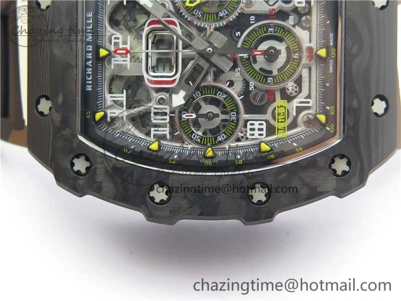 Sophisticated RM011 Carbon Case Chrono KVF 1:1 Best Edition Crystal Skeleton Yellow Dial on Camouflage Rubber Strap A7750 V 9440