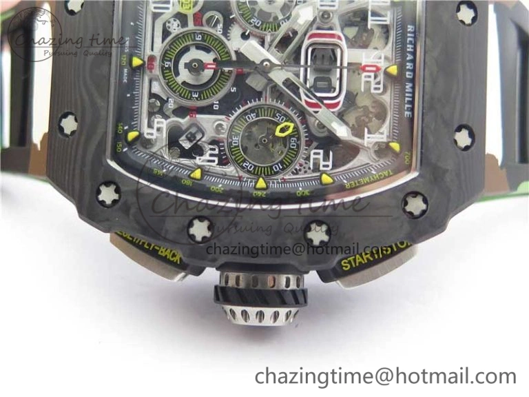 Sophisticated RM011 Carbon Case Chrono KVF 1:1 Best Edition Crystal Skeleton Yellow Dial on Camouflage Rubber Strap A7750 V 9440