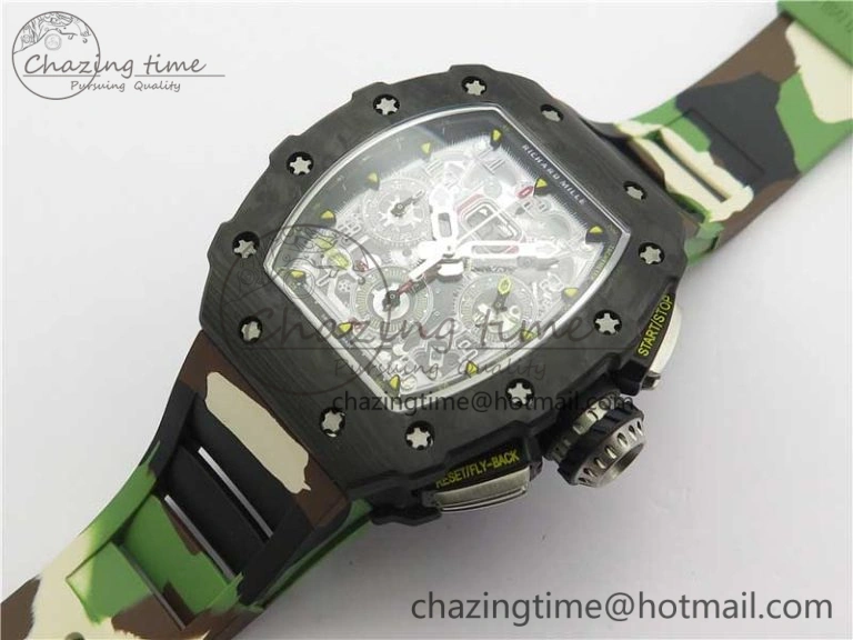 Sophisticated RM011 Carbon Case Chrono KVF 1:1 Best Edition Crystal Skeleton Yellow Dial on Camouflage Rubber Strap A7750 V 9440