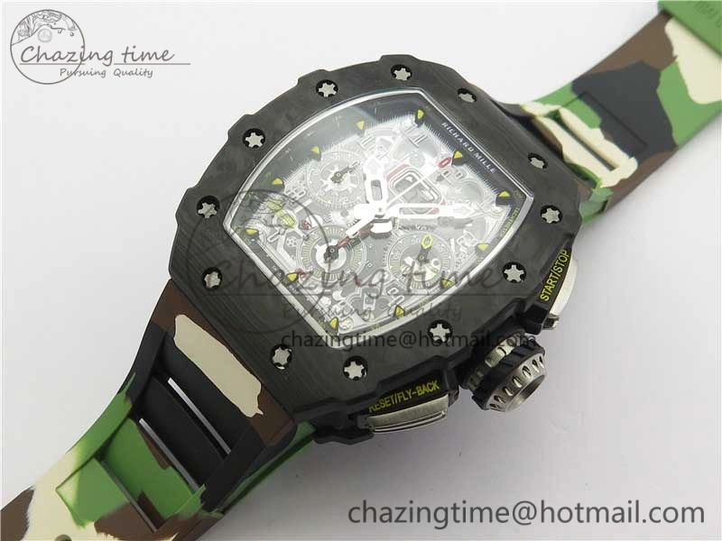 Sophisticated RM011 Carbon Case Chrono KVF 1:1 Best Edition Crystal Skeleton Yellow Dial on Camouflage Rubber Strap A7750 V 9440