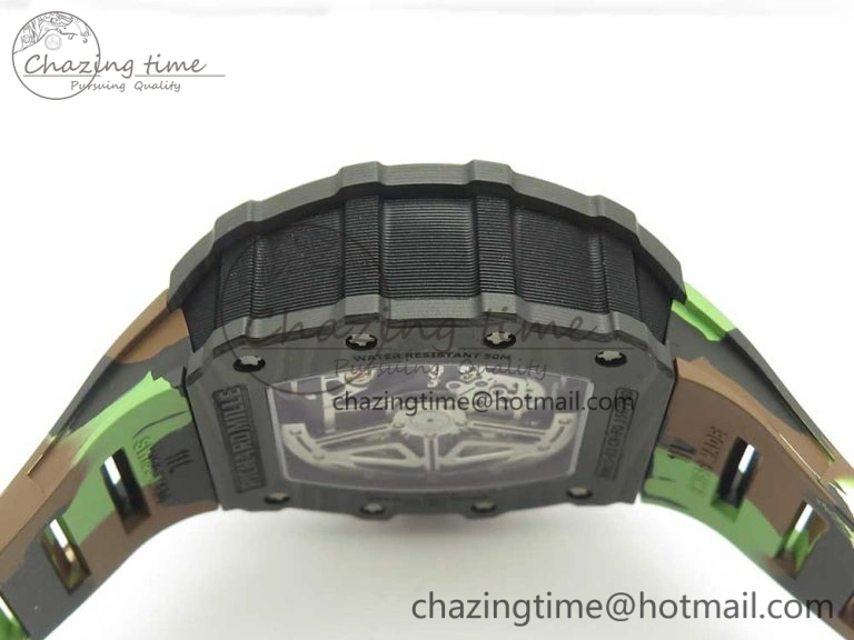 RM011 Carbon Case Chrono KVF 1:1 Best Edition Crystal Skeleton Yellow Dial on Camouflage Rubber Strap A FlexibleFit 9463