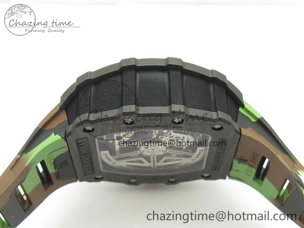 RM011 Carbon Case Chrono KVF 1:1 Best Edition Crystal Skeleton Yellow Dial on Camouflage Rubber Strap A FlexibleFit 9463