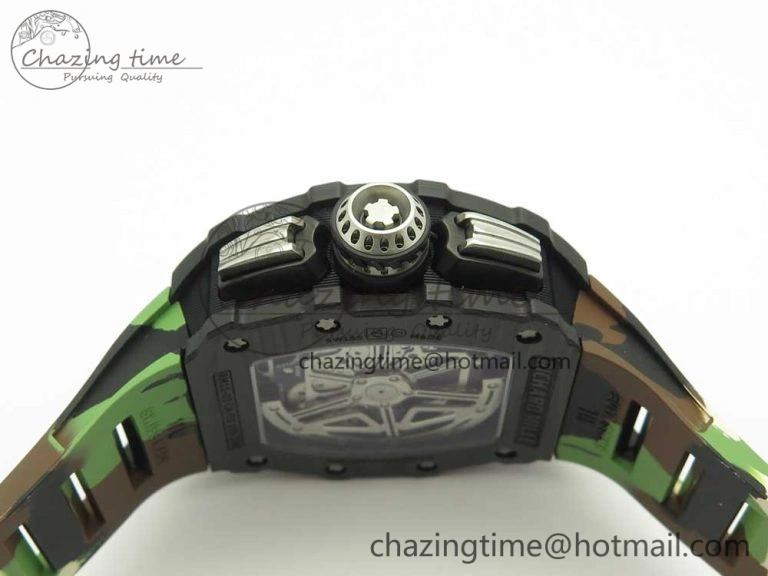 RM011 Carbon Case Chrono KVF 1:1 Best Edition Crystal Skeleton Yellow Dial on Camouflage Rubber Strap A FlexibleFit 9463