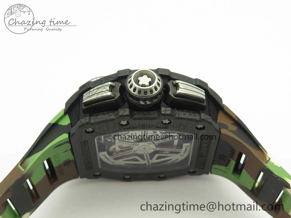 RM011 Carbon Case Chrono KVF 1:1 Best Edition Crystal Skeleton Yellow Dial on Camouflage Rubber Strap A FlexibleFit 9463