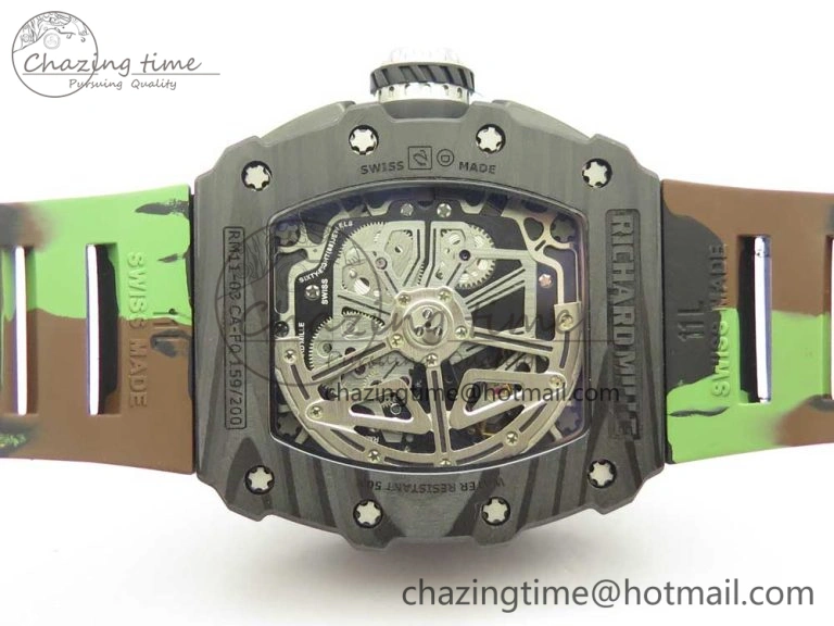 RM011 Carbon Case Chrono KVF 1:1 Best Edition Crystal Skeleton Yellow Dial on Camouflage Rubber Strap A FlexibleFit 9463