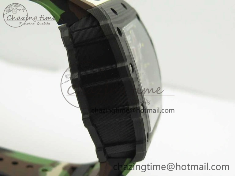 RM011 Carbon Case Chrono KVF 1:1 Best Edition Crystal Skeleton Yellow Dial on Camouflage Rubber Strap A FlexibleFit 9463